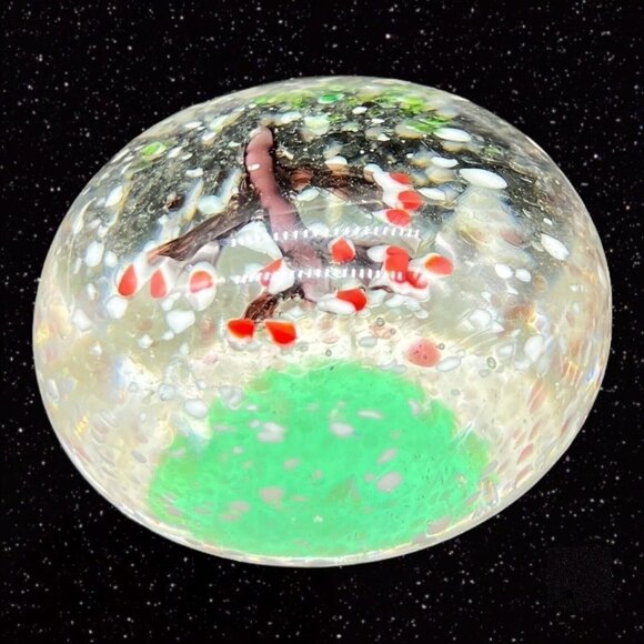Vintage Art Glass Paperweight Cherry Tree w White Dots Round Sphere Glass 2.5”W - Picture 4 of 12
